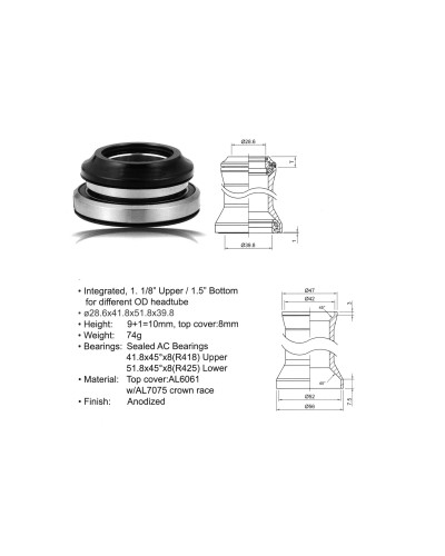 Рулевой набор 8-23950151 алюм. интегр. картр. 1 1/8"-1,5" 28,6/41,8/51.8/39,8мм 45`x45` черн. AUTHOR