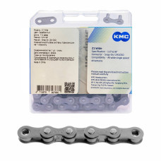 Цепь велосипедная KMC Z1 Wide Silver, для 1-ск. велосипедов, BMX, фиксеров, 112 звеньев, 1/2"x1/8", 